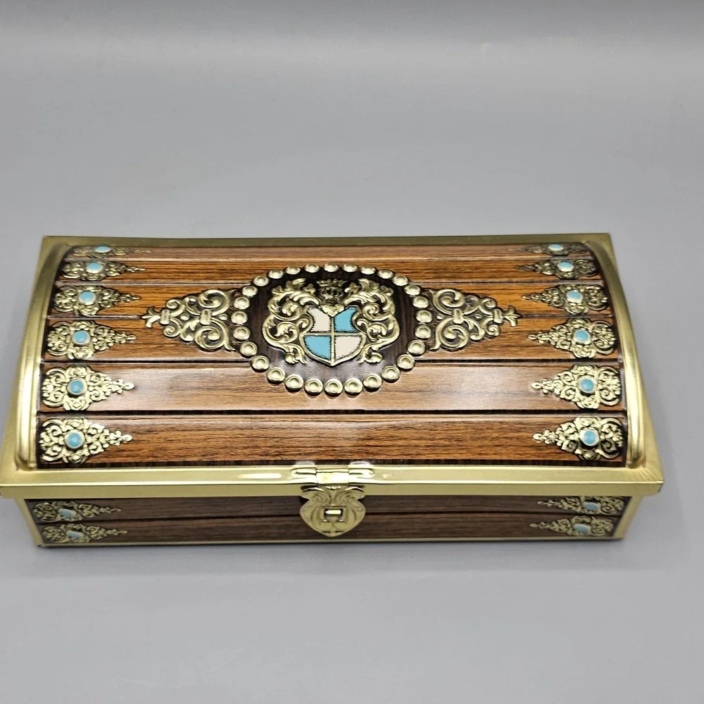 Vintage Heraldic Ornate Emblem Shield Faux Turquoise Trinket Tin Box
